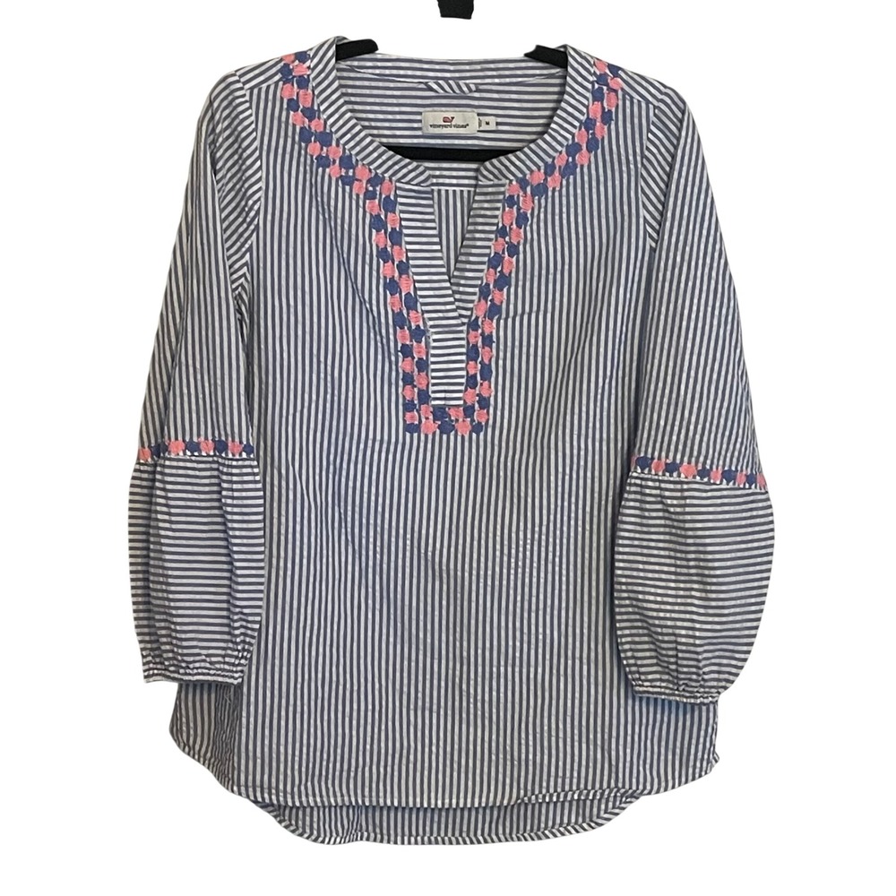 Vineyard Vines Womens Blue White Striped Seersucker Embroidered Tunic Top Medium